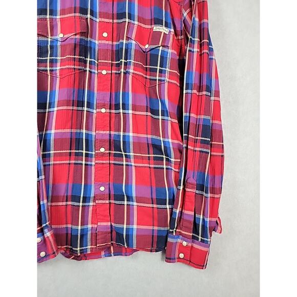 Lucky Brand 100% Cotton Red Blue Plaid LS Pearl Snap Western Shirt Men's XL - Picture 5 of 12
